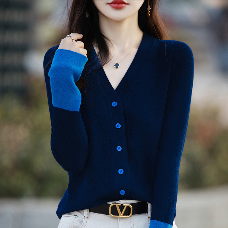 Picture of 2024 Autumn and Winter New V-neck Contrast Color Knitted Cardigan Women's High-end Sense Stitching Loose All-match Elegant Top