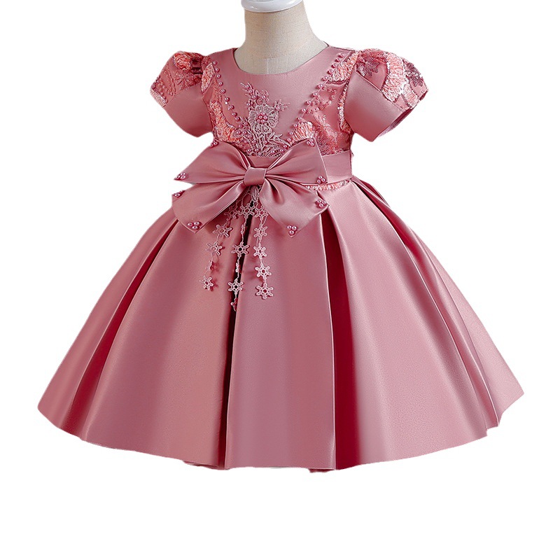 Picture of Cross-border new children's dress Princess dress satin beaded bow dress flower girl birthday party costume