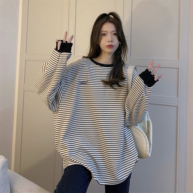College Style Stripesd T-Shirt for Women 2025 Autum New Korean Style Letter Logo Pullover Loose Slimming Look Round Neck Top