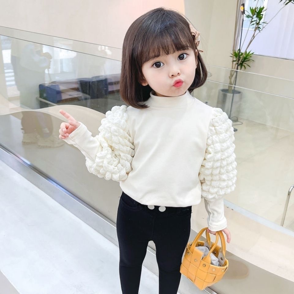 Picture of Girls' Base Shirt Spring and Autumn 2024 Half High Collar Bubble Sleeve Thickened Children's Long Sleeve T-shirt Girls' Top Cross-border