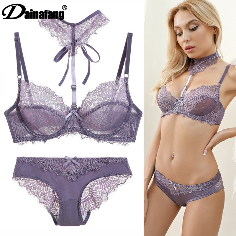 French Ultra-thin Lace Sexy Women's Bra Bra Underwear Set Gather Big Chest Small Underwear Cross-border Supply