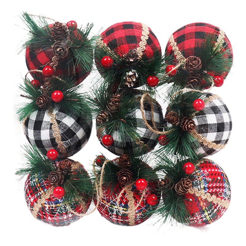 Amazon's Best-Selling Cloth Ball Black and White Red Plaid Ball 6cm 8cm Christmas Tree Hanging Decoration Christmas Foam Ball Decoration