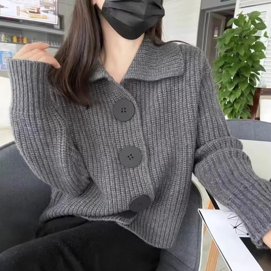 Picture of Knitted cardigan women's spring and autumn clothing 2024 new long sleeve loose Korean style fashionable large buckle lapel short sweater coat