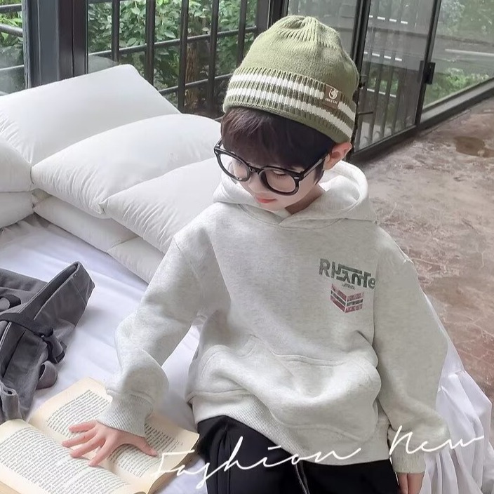 Picture of Boys' Korean Style Autumn and Winter Sports Style Raglan Fashionable Hooded Sweatshirt Kidsren's One-Piece Velvet Handsome Trendy Cool Top