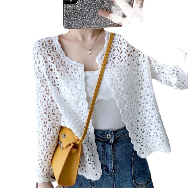 2023 Spring Short Shawl Hollow Knit Cardigan Artistic Cardigan for Women Air Conditioning Sun Protection Long Sleeve Casual Versatile