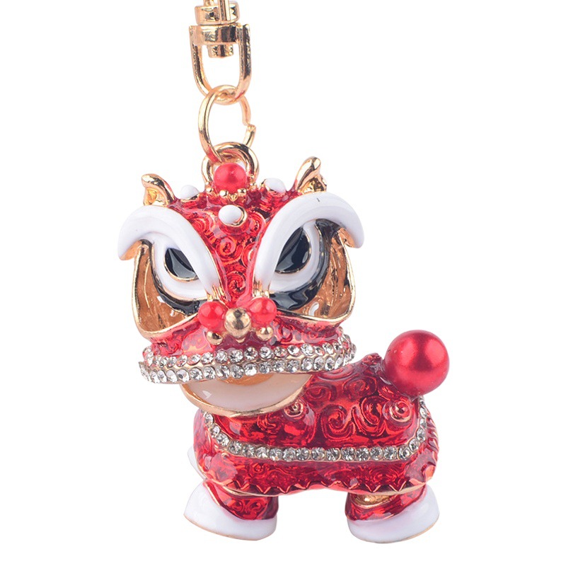 Diamond-encrusted Kirin Car Keychain Pendant Creative Gift Chinese Style Lion Dance Lion Dance Alloy Cartoon Small Lion Dance