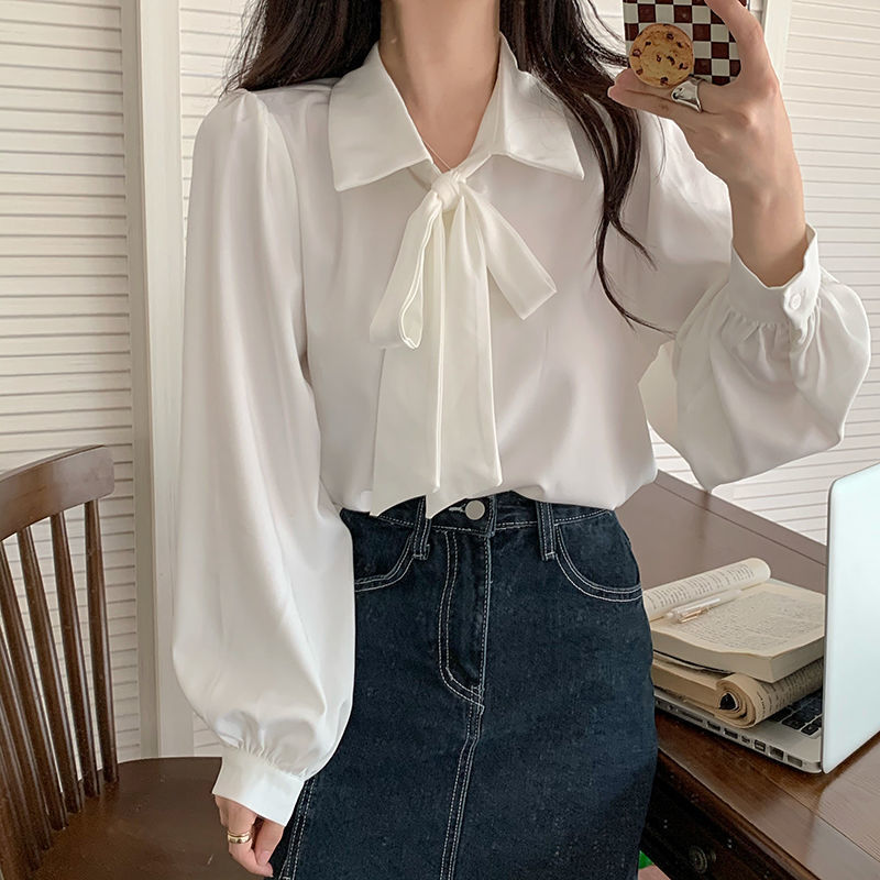 White Shirt Women's New 2023 Spring and Autumn French Style Chic Bow Lace-up Base Long Sleeve Top