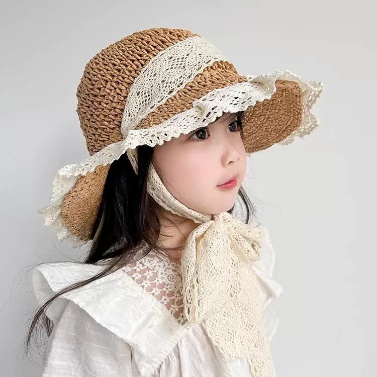 Korean Style Ins Style Hollow Straw Children's Hat Women's Summer Travel Sunscreen Beach Sun Hat Sweet Lace Cover
