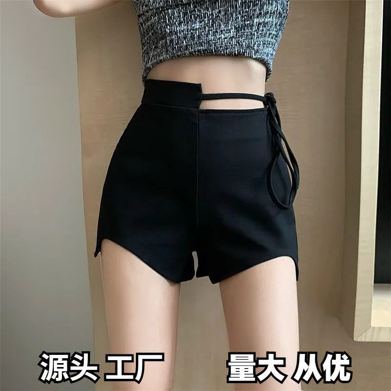 2024 Summer plus size chubby girl Wide Leg Pants Women's High Waist Outer Wear Slimming Strap Shorts Black Casual Hot Pants