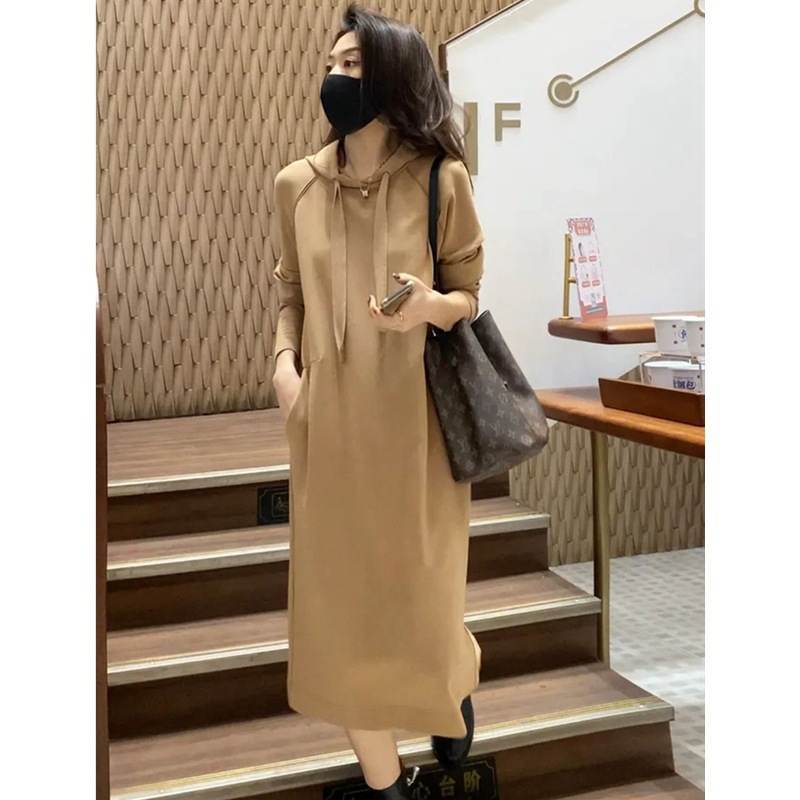 Sweater skirt women's autumn and winter high-grade temperament casual knitted dress mid-length loose slimming hooded sweater