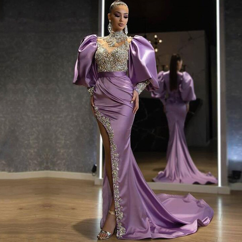2025 New European and American Cross-Border Amazon Dress Princess Sleeves Hip-Covering Long Skirt with Tail and Gold Elegant Evening Dress