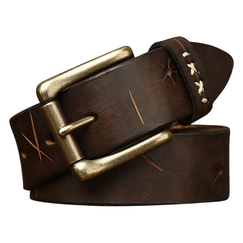 Washed Retro Old Trendyy Stylish Pull-Out First-Layer Cowhide Belt Men's Genuine Leather Pin Buckle Jeans Belt Men's Style