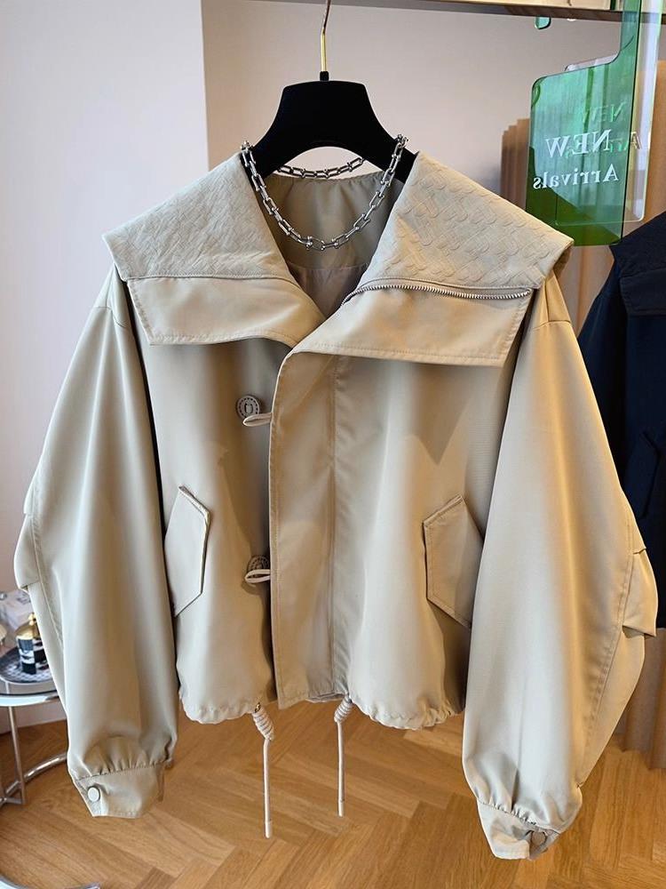 Picture of Short Coat Women's Spring and Autumn Navy Collar Korean Casual Trendy Loose Western-style Design Buckle Jacket Top Niche