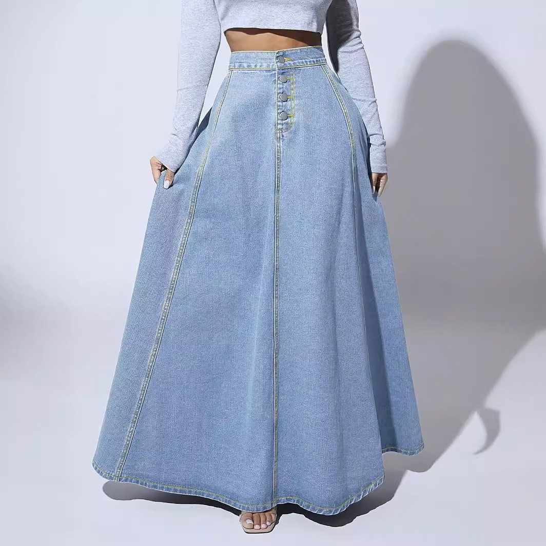 Picture of Cross-Border Export European and American Independent Station Design Single-Breasted Denim Skirt for Women Retro Style Large Hem A-Line Skirt
