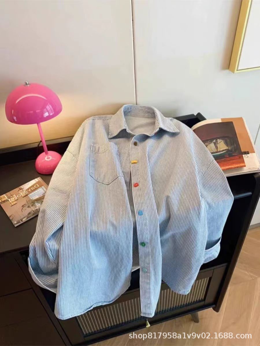 Blue Striped Long Sleeve Shirt Women's Spring Top 2025 New Loose Design Retro Contrast Color Jacket Shirt