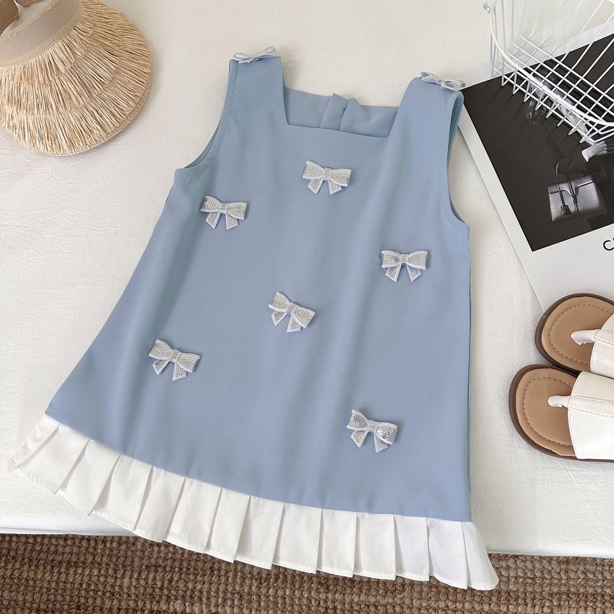 Girls' Sleeveless New 2025 Summer Korean Style dress Little Girl's Bow Vest Women's Treasure Stitching Princess Dress