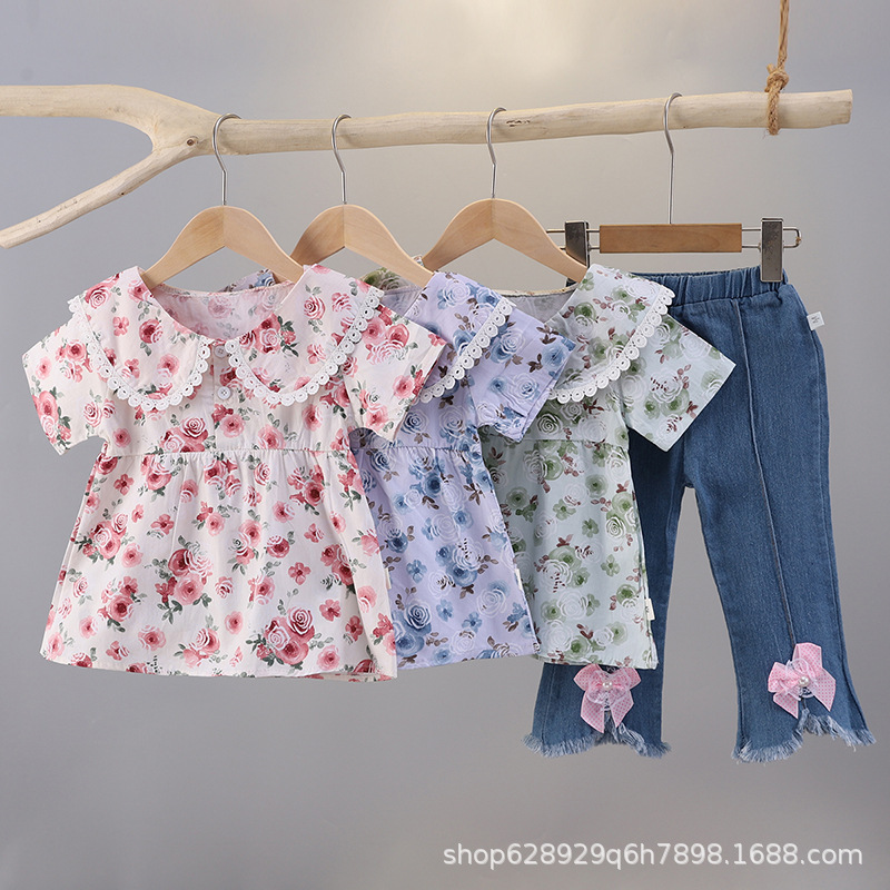 Children's Clothes Floral Shoulder Lace Short Sleeve Summer suit 0-4 Years Old Baby Girl Clothing Denim Trousers Children's Clothing