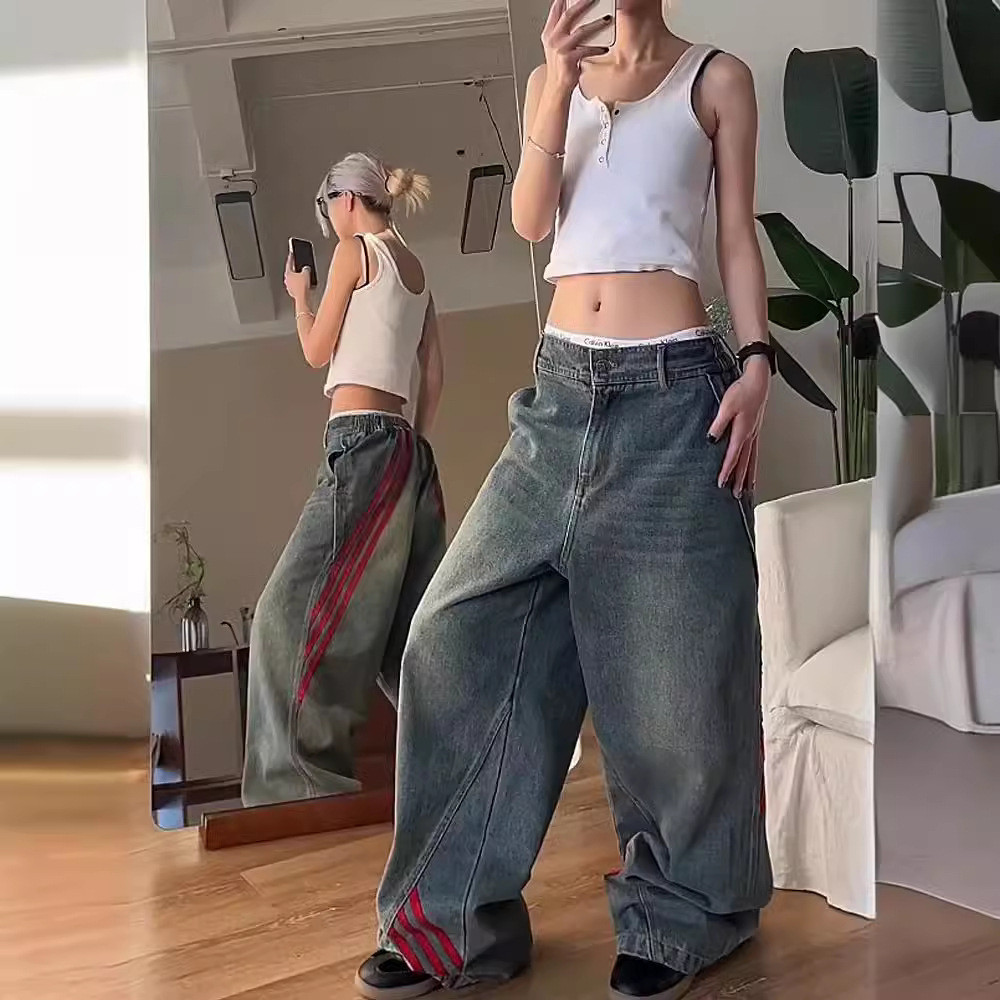 Side Stripe Jeans Girls Autumn American Style Vintage Washed Pants High Street Fashion Brand Wide Leg Casual Trousers