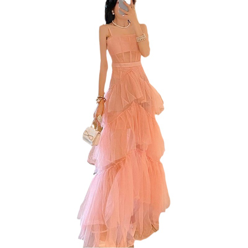 Niche Design Fishbone Strapless Sling Dress Women's Super Fairy Irregular Mesh Cake Long Dress Daily Dress