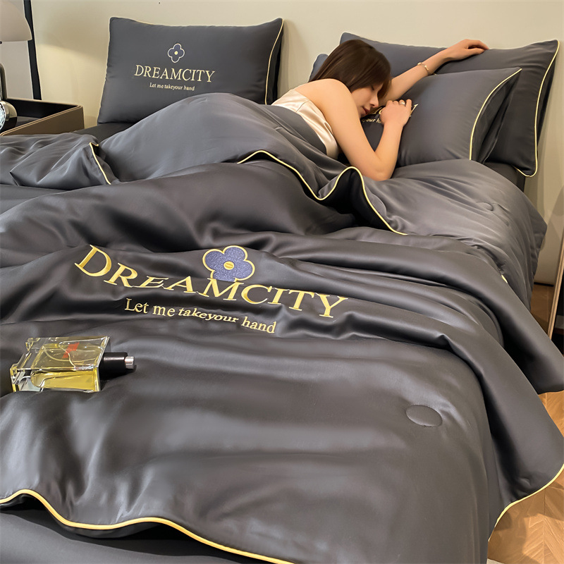 Picture of Class a Washed Ice Silk Summer Quilt Four-Piece Set of Summer Cool Quilt That Can Sleep Naked, Embroidered Air-Conditioned Quilt, Cool Silk Summer Thin Quilt