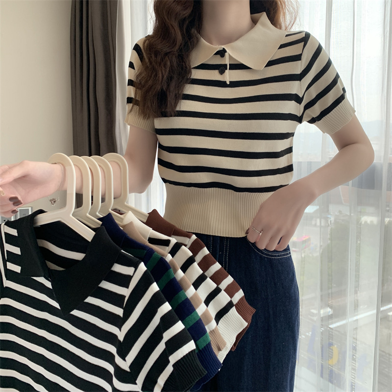 European and American Spice Girls New Spring and Summer 2023 Vintage Striped Collar Short-sleeved Knitted Shirt Slim-fit Short Top