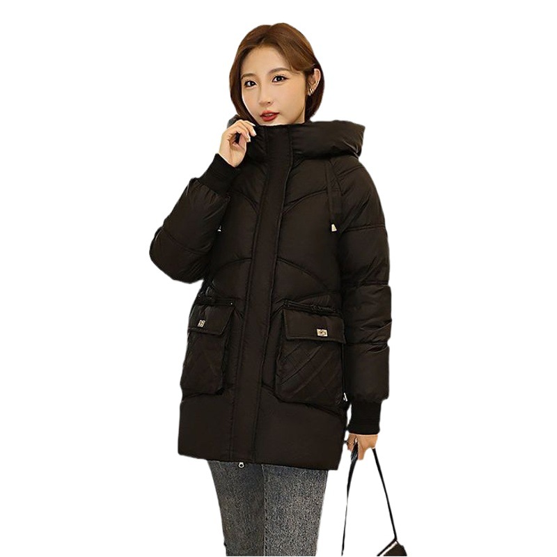 Picture of 2023 new hooded cotton-padded coat solid color warm thickened casual mid-length versatile college style elegant cotton-padded coat
