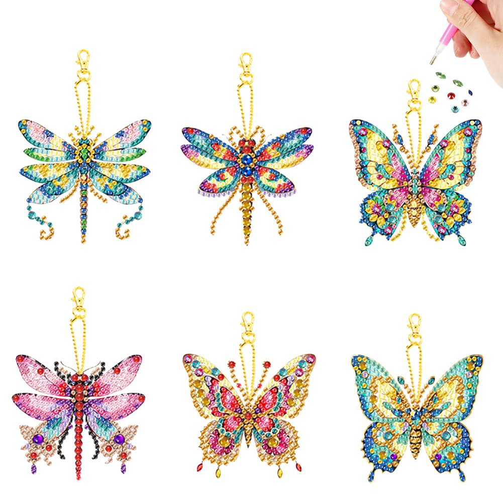 Cross mirror new 6 pieces of diamond painting, acrylic material keychain double-sided DIY full diamond colorful butterfly