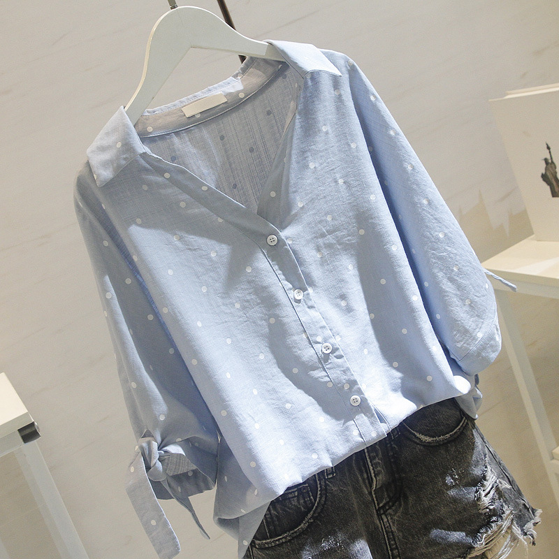 2024 New Summer Korean Style White Polka Dot Shirt Women's Mid-Sleeve Loose Casual V Neck Shirt Women's
