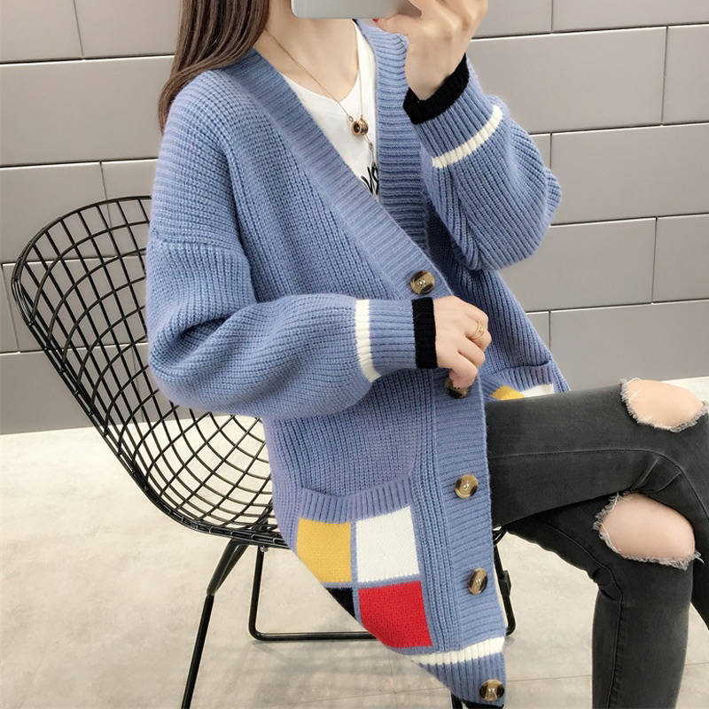 New Thickened Contrast Color Pocket Knitted Cardigan Women's 2024 Korean Style Autumn and Winter Loose Women's Outer Sweater Jacket Trendy