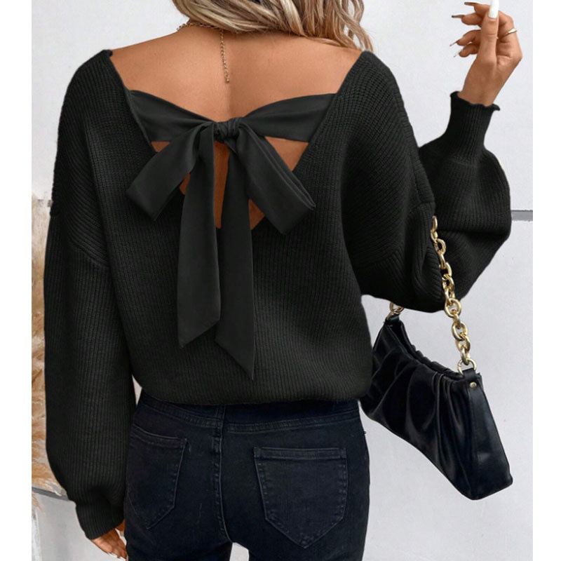 Picture of European and American cross-border women's V-neck solid color sweater, autumn foreign trade new long-sleeve casual loose bow top for women