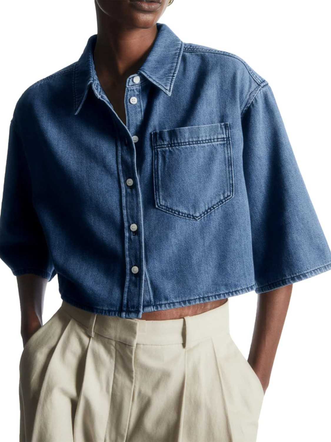 Cross-Border Temu European and American Amazon Women's Cropped Denim Shirt with Button-Down Short Denim Jacket with Pockets