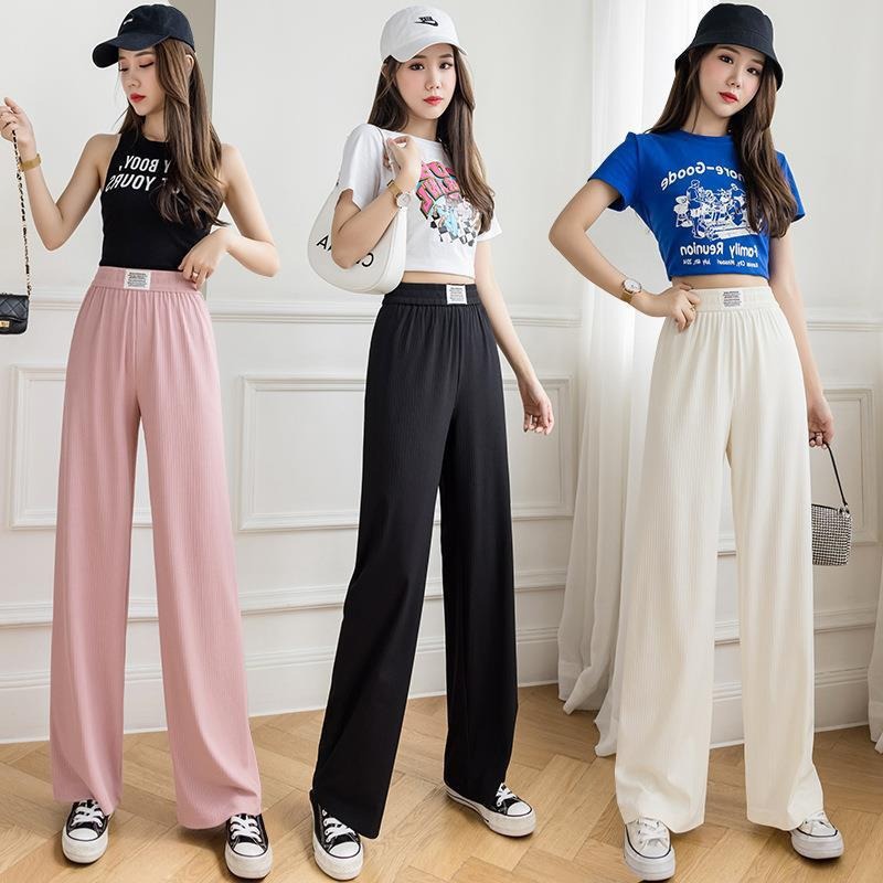 Picture of Ice Silk Tooth Label Strip Wide Leg Pants Casual Pants Pants Spring and Summer New Women's Weaving Label Waist High Waist Pants Slim and Sag Y