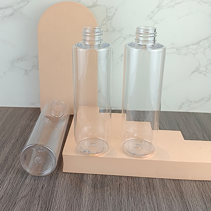 Factory direct 24 teeth 200ml flat shoulder bottle pet transparent slender packing travel washing and protection suit lotion bottle makeup remover