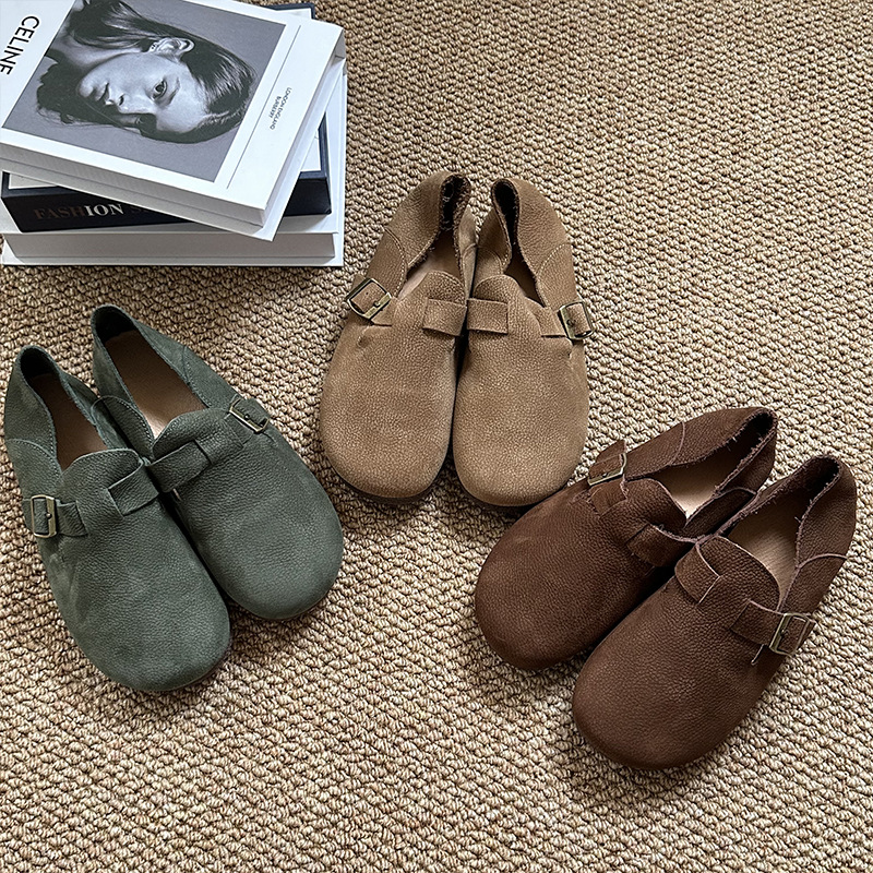 2025 New Style Forest-Style Genuine Leather Women's Shoes, Round Toe Shallow Slip-On Buckle Flats, Casual Flat Shoes for Mothers