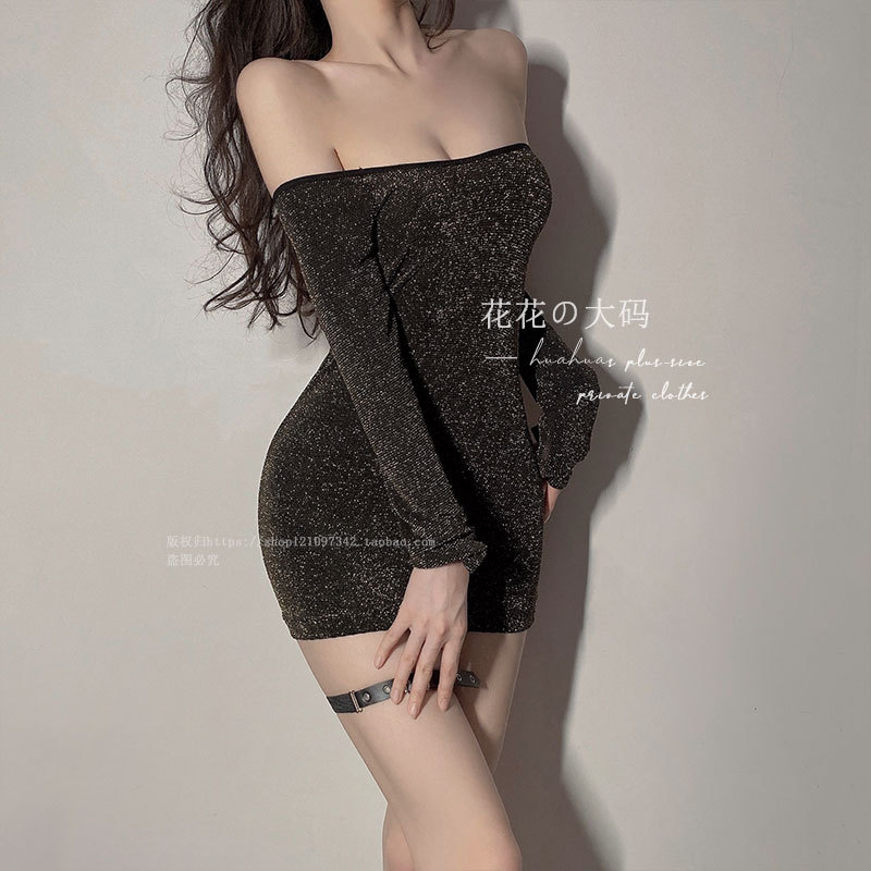 Bright Love Sexy One-Shoulder Pajamas, Off-Shoulder Nightgown, Hip-Covering Dress, Glitter Tight Hot Uniform, Silver Wrapped Silk