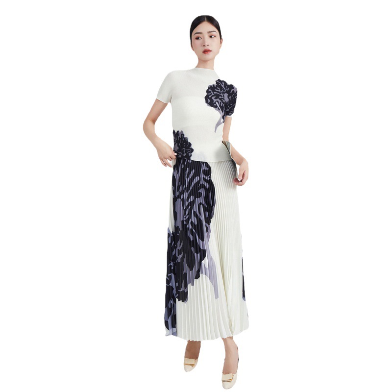 Sanzhai fashion suit women's high-end printed short-sleeved T-shirt versatile draping skirt pleated temperament two-piece set