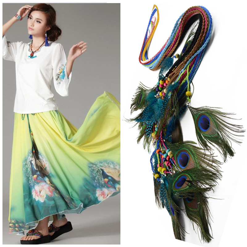 Women's waist rope all-match dress fine decorative Korean style hand-woven peacock tail belt fashion knotted