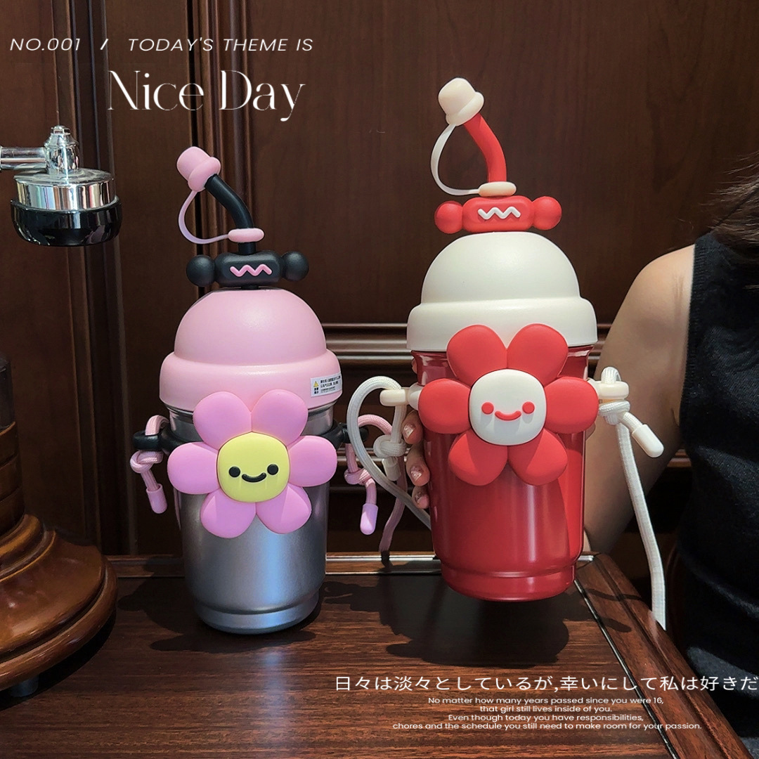 2024 new girls thermos cup large capacity desktop sippy cup high color value stainless steel portable diagonal cup