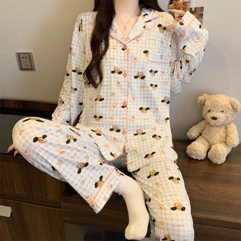 Picture of New Ins Pajamas for Women Simple Stripesd Internet Celebrity Long-Sleeved Cardigan Girl Korean Version Thin Home Wear Set Wholesale