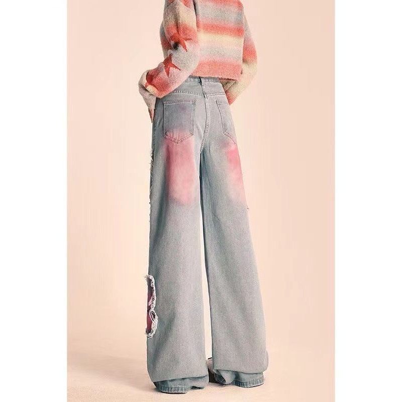 Picture of American Style Retro Butterfly Embroidery Design Sense Rouge 2024 Hong Kong Style Jeans Women's Sweet Cool Narrow Wide Leg Straight Leg Pants