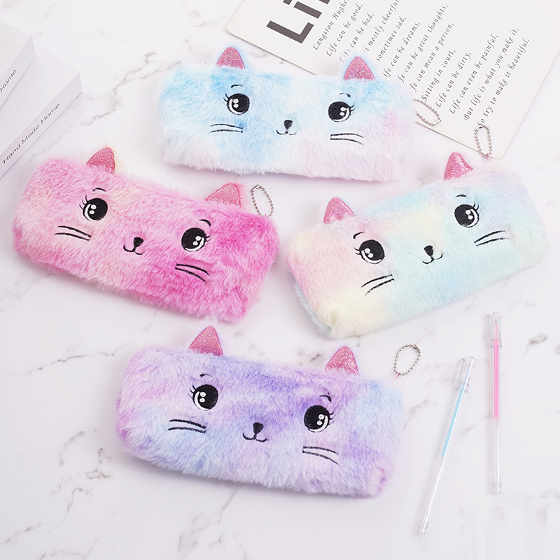 ins-style Cross-border Color Hair Cute Cat Pencil Bag Stationery Bag Cartoon Student Plush Simple Pencil Bag Pencil Stationery Bag