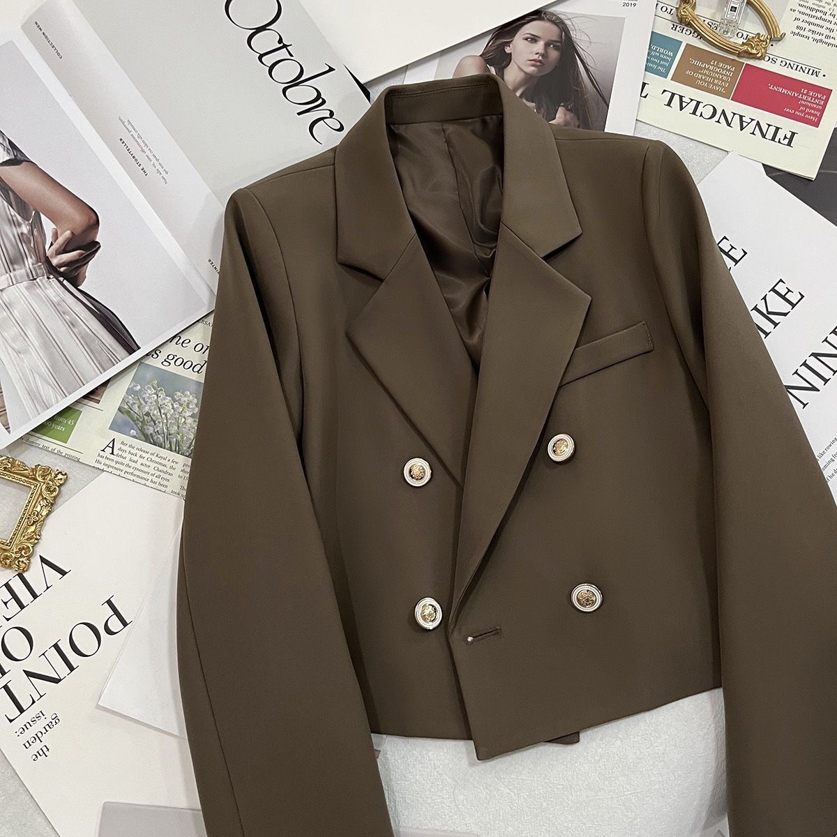 [Lined] double-breasted simple small suit women's autumn and winter small temperament long sleeve short suit jacket