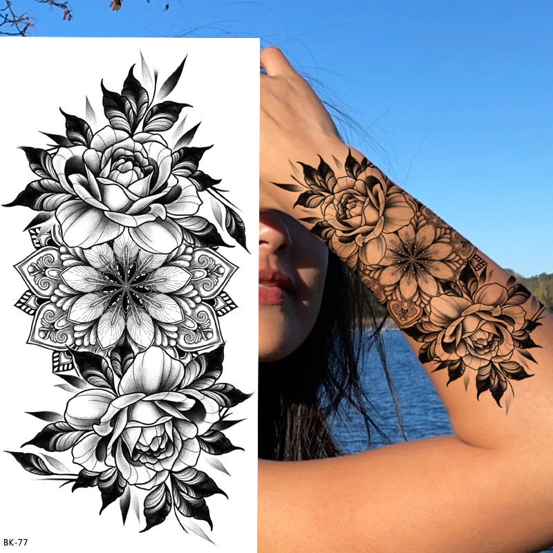 Picture of Cross-Border Supply of Sketch Flower Tattoo Stickers, Sketch Tattoo Stickers, Rose Flower Black and White Flower Tattoo