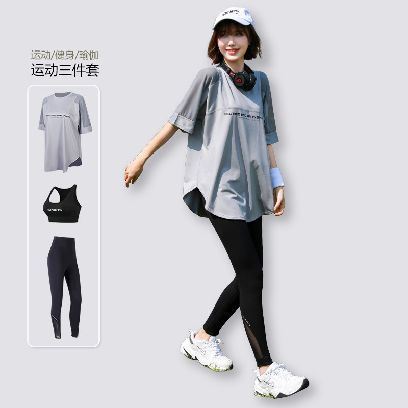 Yoga Clothing Women's Summer Thin Quick-drying Short-sleeved suit plus size Running Sports Fitness Clothing chubby girl 100.00kg Loose