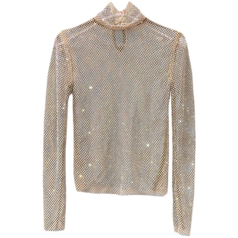European and American Autumn and Winter Interior Grid Sexy Hollow Flash Diamond Top High Collar Perspective Hot Diamond Super Fairy All-match Base Shirt for Women