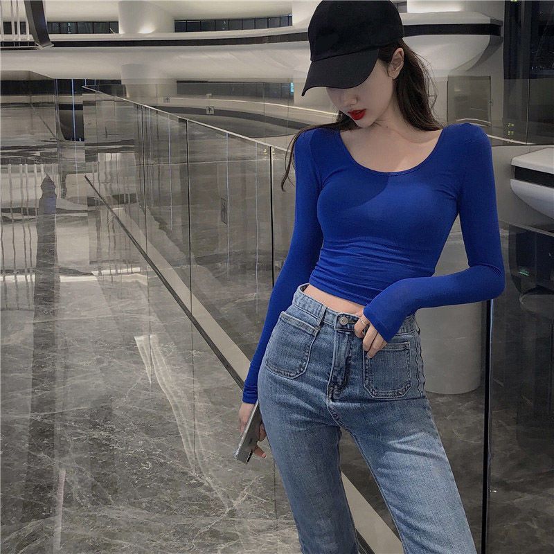 Picture of Red top women's V-neck short bottoming shirt early autumn new style inner wear pure desire machine clavicle long sleeve T-shirt