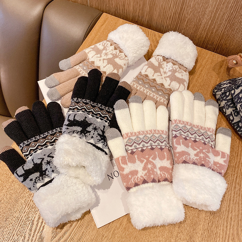 Christmas Elk Gloves Women's Winter Student Korean-style Ins Cycling Cute fleece-lined Thickened Warm Touch Screen Cold Protection