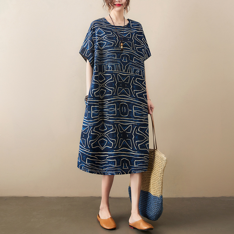 Thin summer women's clothing chubby girl plus size round neck pullover short sleeve fashion over the knee midi dress printed loose dress