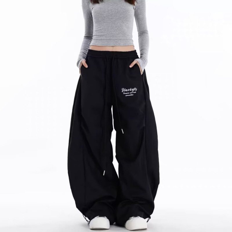 Retro American high-waisted street floor-length straight-leg pants for men and women in black versatile hip-hop sports drawstring wide-leg sweatpants
