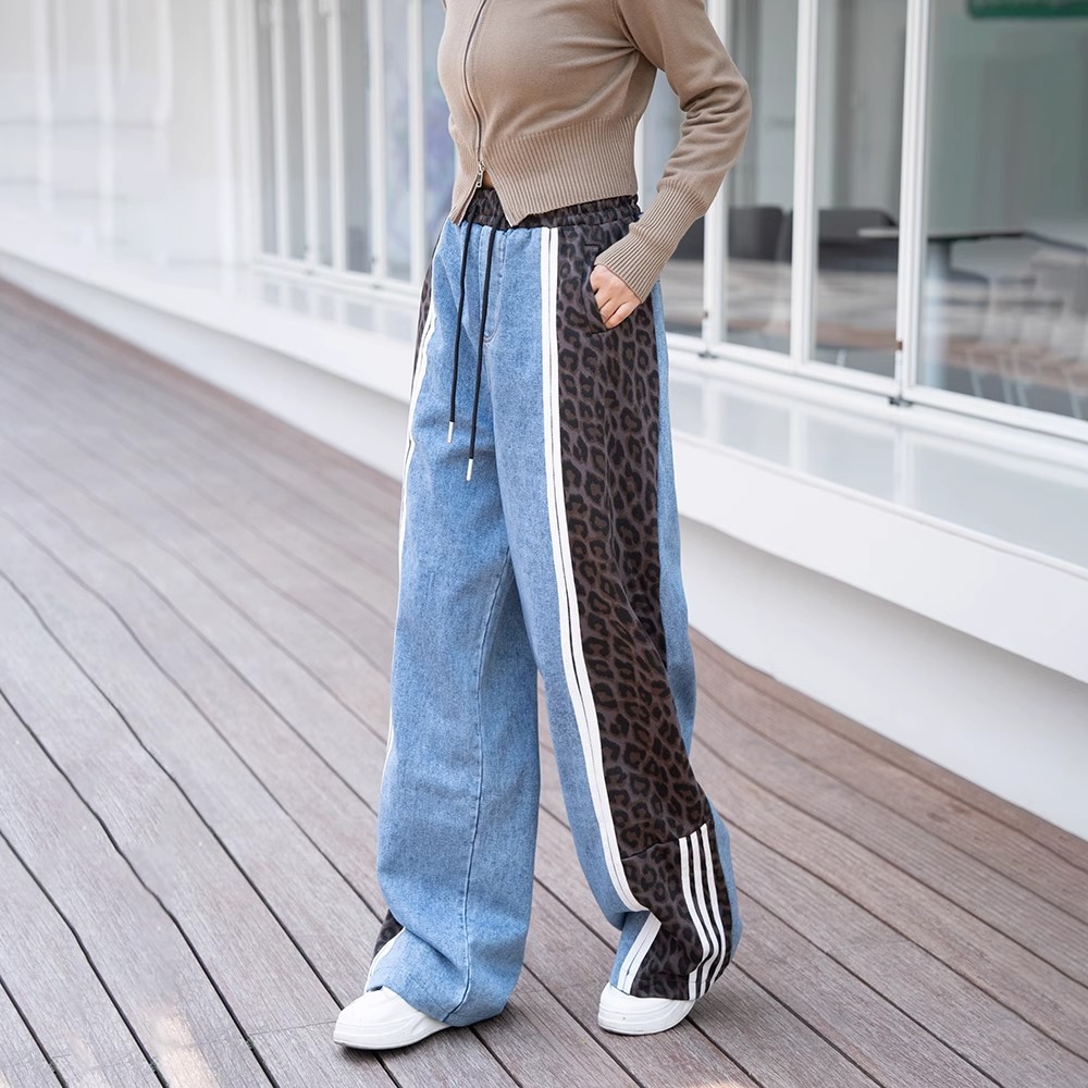 European Fashion Brand Personalized Design Stitching Leopard Print Jeans Women's Autumn New American Style Retro Contrast Color Straight Pants